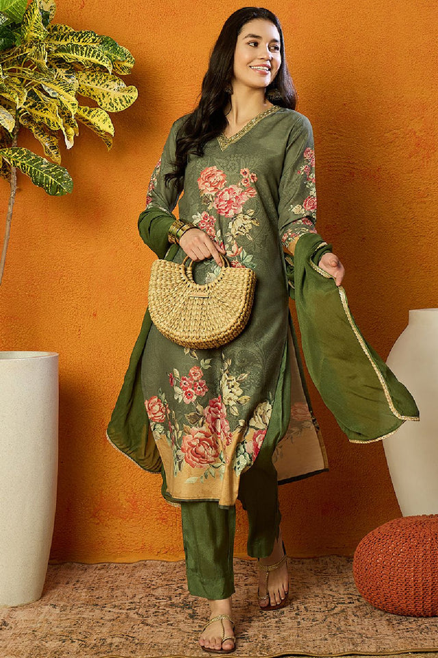 Olive Cotton Blend Floral Printed Straight Cut Suit Set