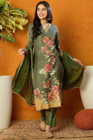 Olive Cotton Blend Floral Printed Straight Cut Suit Set