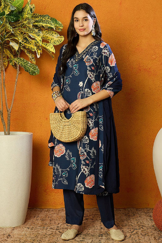 Blue Cotton Blend Floral Printed Straight Cut Suit Set