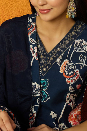 Blue Cotton Blend Floral Printed Straight Cut Suit Set