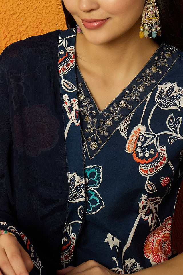 Blue Cotton Blend Floral Printed Straight Cut Suit Set