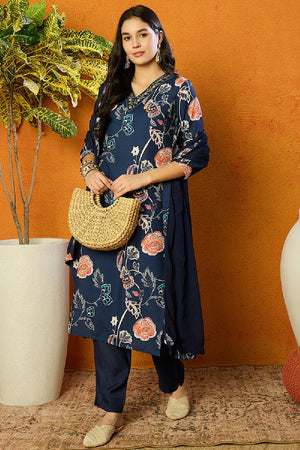 Blue Cotton Blend Floral Printed Straight Cut Suit Set
