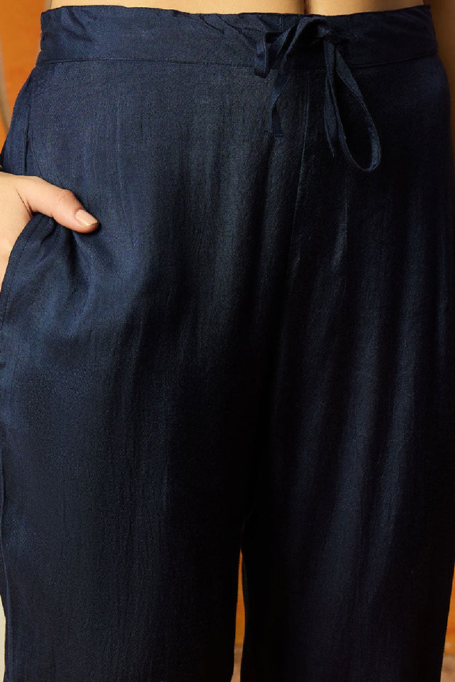 Blue Cotton Blend Floral Printed Straight Cut Suit Set