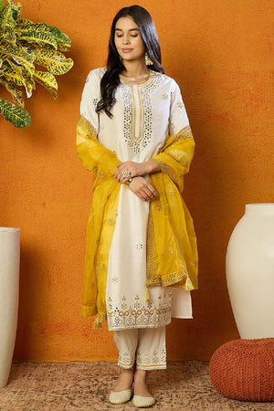 White Silk Blend Solid Embroidered Straight Cut Suit Set