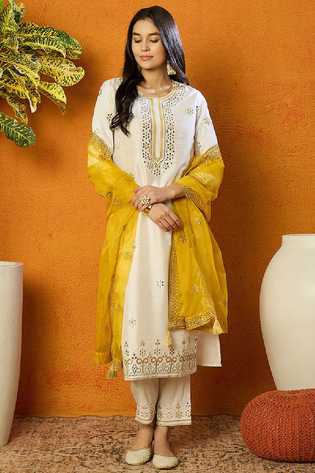 White Silk Blend Solid Embroidered Straight Cut Suit Set