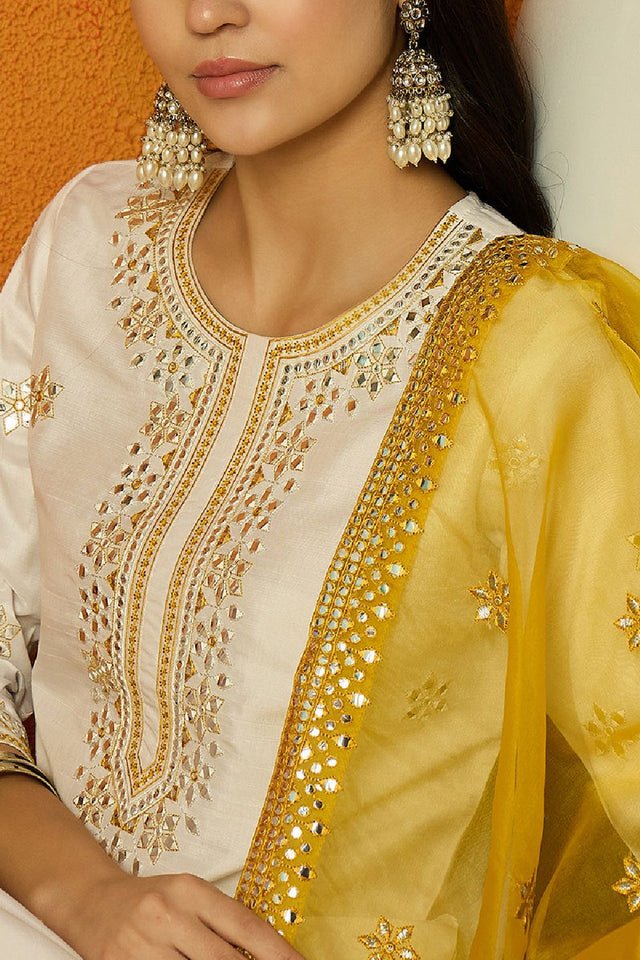 White Silk Blend Solid Embroidered Straight Cut Suit Set