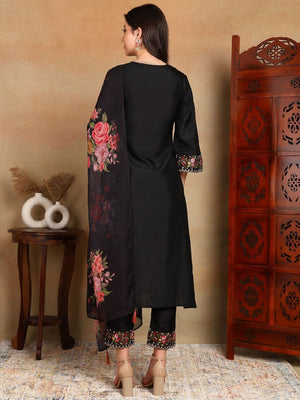 Black Silk Blend Solid Embroidered Straight Kurti Pant With Dupatta