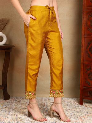 Mustard Silk Blend Solid Embroidered Straight Kurti Pant With Dupatta