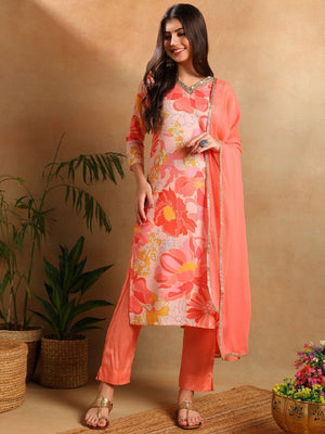 Peach Rayon Blend Floral Printed Straight Kurti Pants With Dupatta