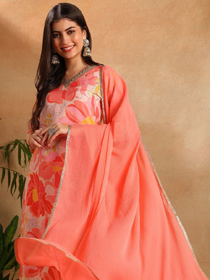 Peach Rayon Blend Floral Printed Straight Kurti Pants With Dupatta