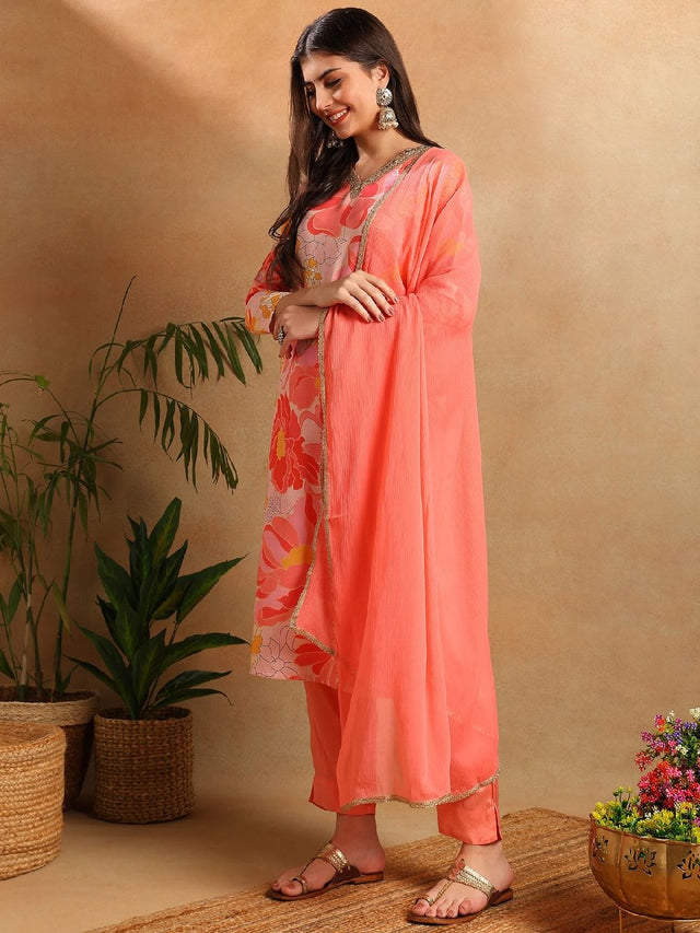 Peach Rayon Blend Floral Printed Straight Kurti Pants With Dupatta
