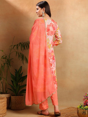 Peach Rayon Blend Floral Printed Straight Kurti Pants With Dupatta