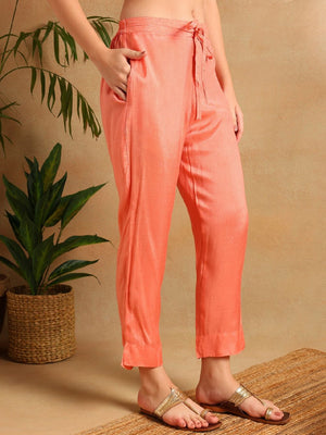 Peach Rayon Blend Floral Printed Straight Kurti Pants With Dupatta