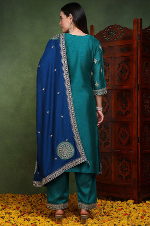 Green Silk Blend Solid Embroidered Straight Cut Suit Set