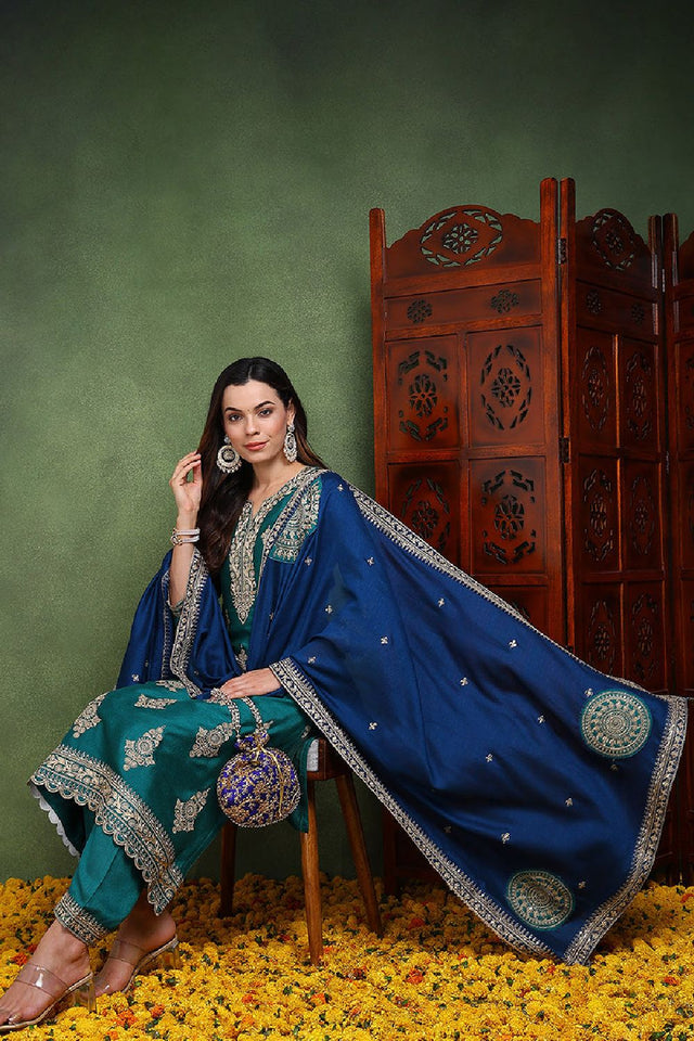 Green Silk Blend Solid Embroidered Straight Cut Suit Set