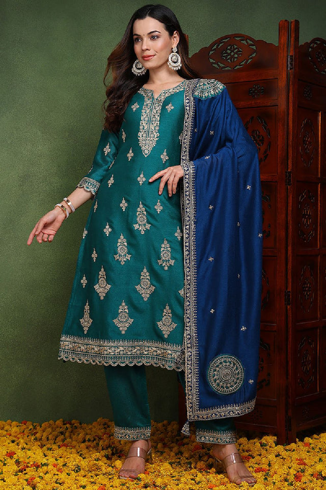 Green Silk Blend Solid Embroidered Straight Cut Suit Set