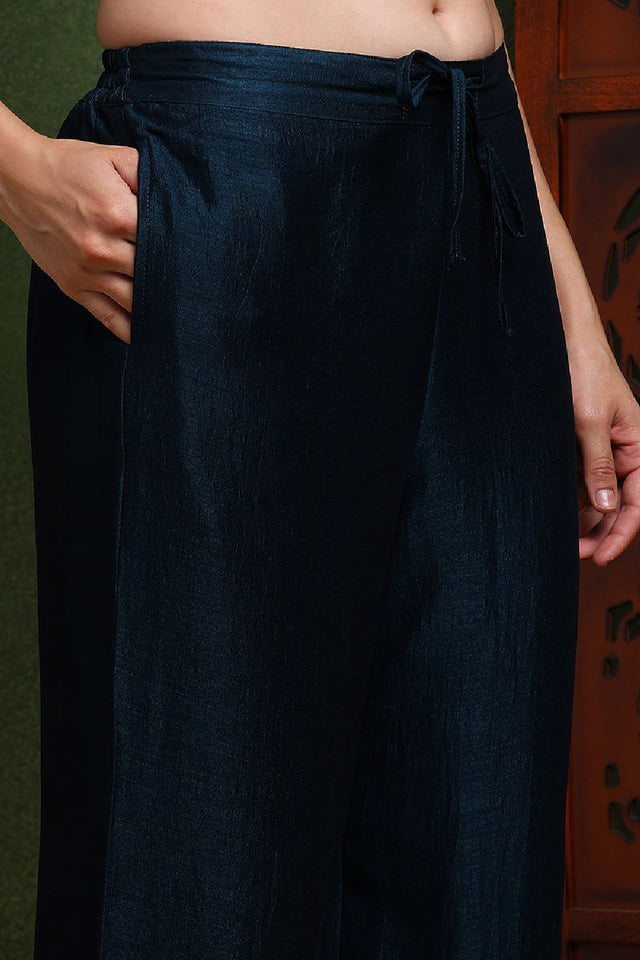 Dark Blue Silk Blend Solid Embroidered Straight Cut Suit Set