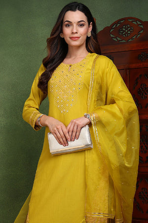Mustard Yellow Silk Blend Solid Yoke Design Straight Cut Suit Set