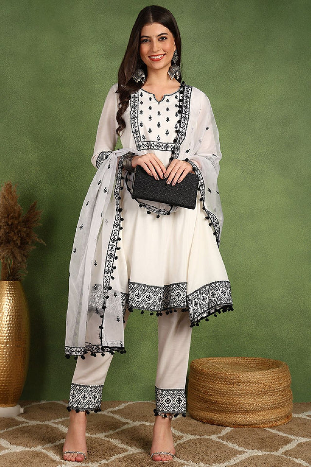 White Silk Blend Embroidered Thread Work A Line Pant Suit Set