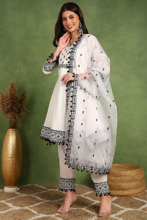 White Silk Blend Embroidered Thread Work A Line Pant Suit Set