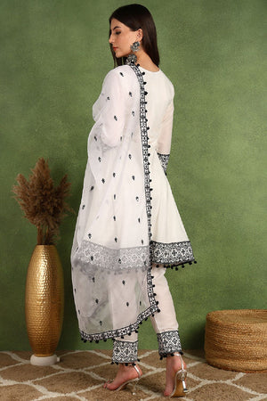 White Silk Blend Embroidered Thread Work A Line Pant Suit Set