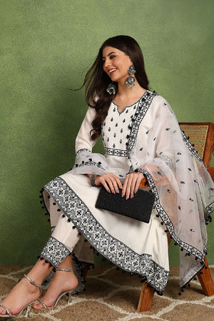 White Silk Blend Embroidered Thread Work A Line Pant Suit Set