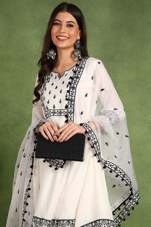 White Silk Blend Embroidered Thread Work A Line Pant Suit Set