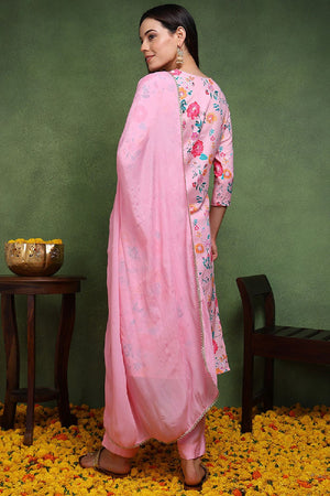 Pink Cotton Blend Floral Printed Straight Cut Suit Set