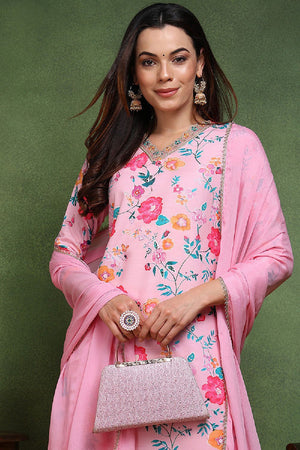 Pink Cotton Blend Floral Printed Straight Cut Suit Set