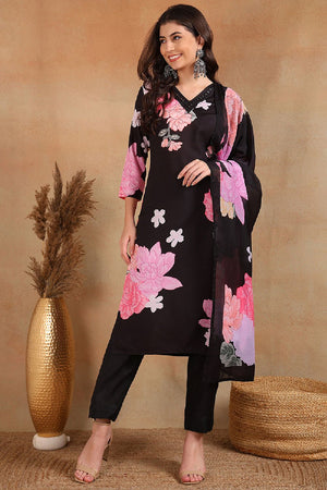 Black Cotton Blend Floral Printed Straight Cut Pant Suit Set