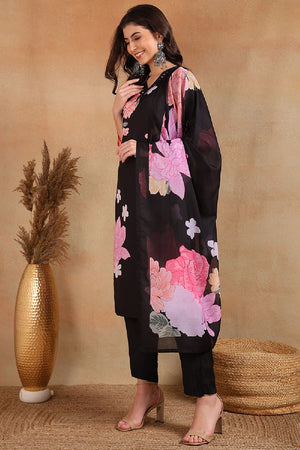 Black Cotton Blend Floral Printed Straight Cut Pant Suit Set
