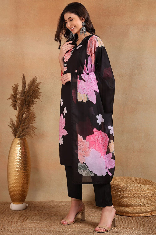 Black Cotton Blend Floral Printed Straight Cut Pant Suit Set