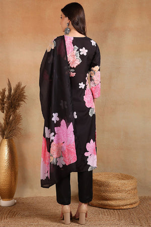 Black Cotton Blend Floral Printed Straight Cut Pant Suit Set