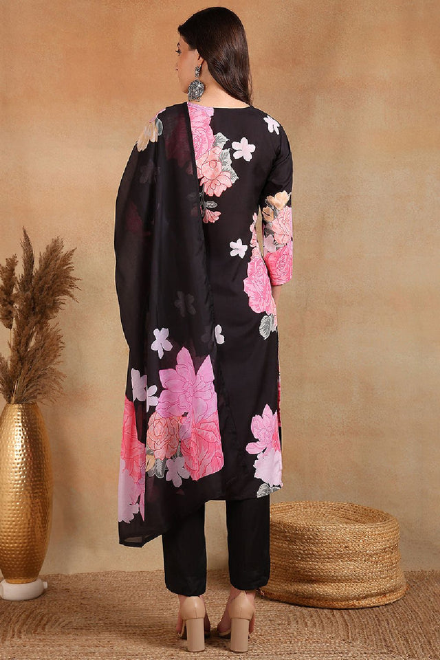 Black Cotton Blend Floral Printed Straight Cut Pant Suit Set