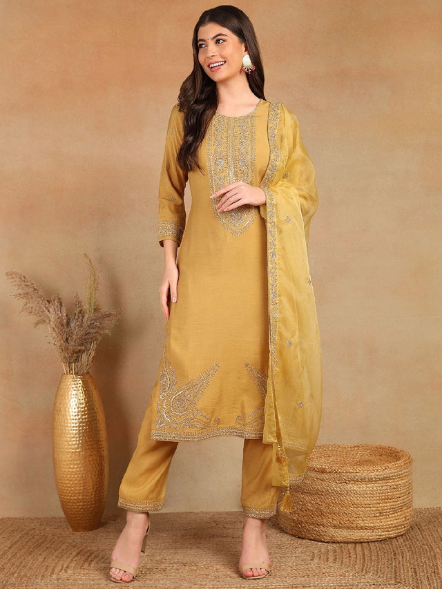 Gold Silk Blend Solid Embroidered Straight Kurti Pant With Dupatta