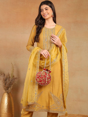 Gold Silk Blend Solid Embroidered Straight Kurti Pant With Dupatta