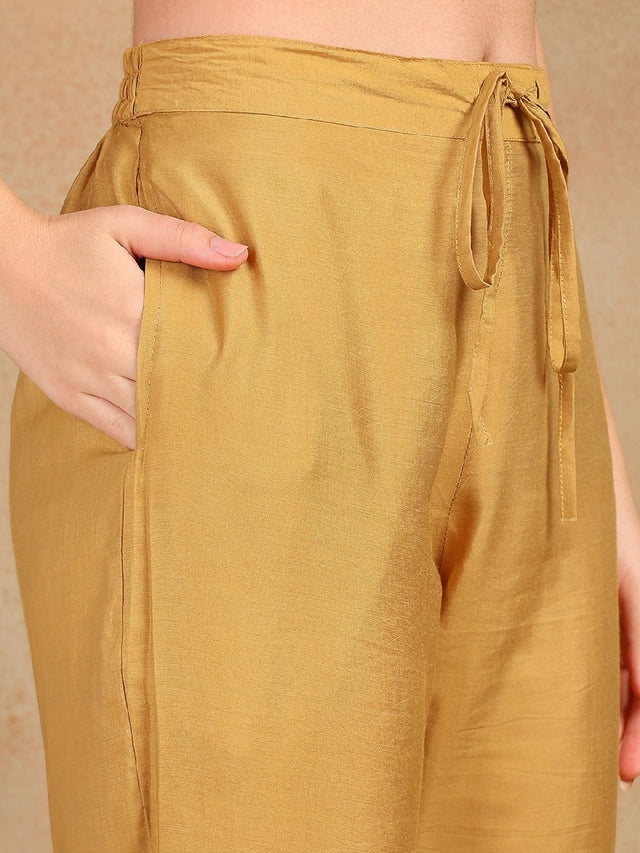 Gold Silk Blend Solid Embroidered Straight Kurti Pant With Dupatta