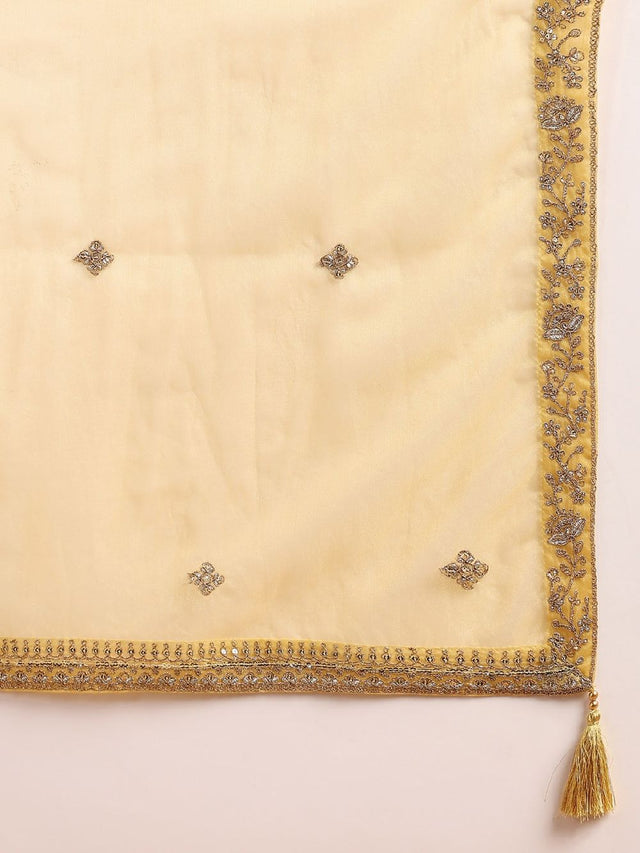 Gold Silk Blend Solid Embroidered Straight Kurti Pant With Dupatta