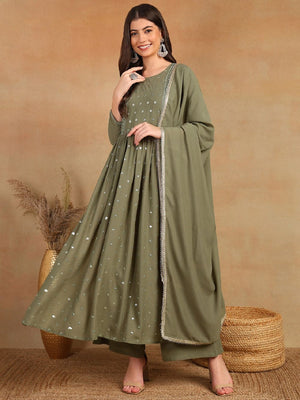 Olive Georgette Solid Embroidered Straight Kurti Palazzo With Dupatta