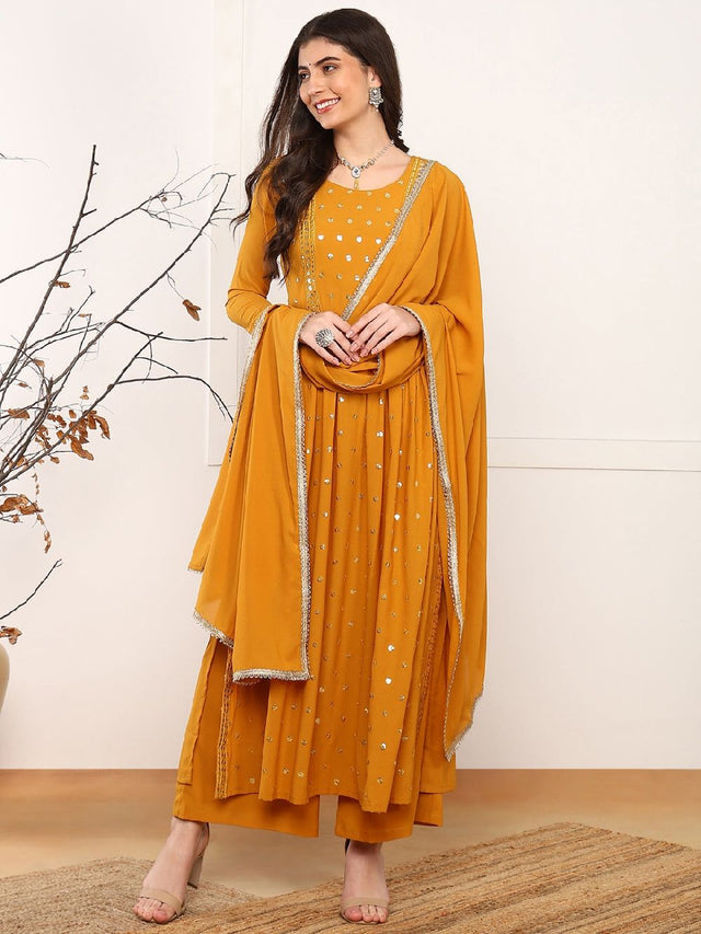 Mustard Georgette Solid Embroidered Straight Kurti Palazzo With Dupatta