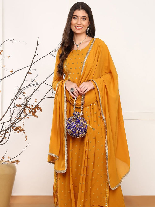 Mustard Georgette Solid Embroidered Straight Kurti Palazzo With Dupatta