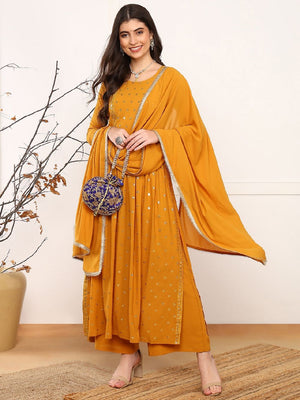 Mustard Georgette Solid Embroidered Straight Kurti Palazzo With Dupatta