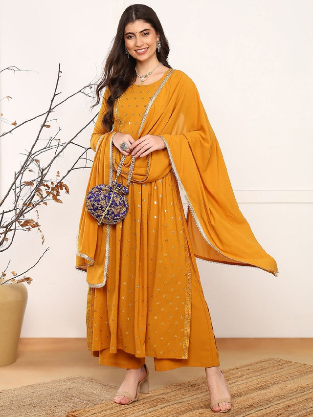 Mustard Georgette Solid Embroidered Straight Kurti Palazzo With Dupatta
