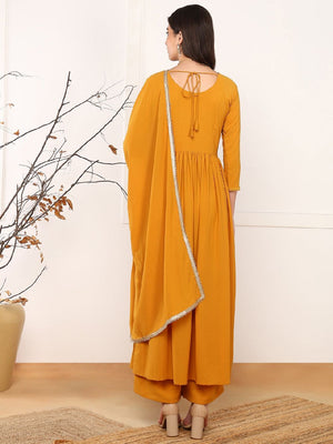 Mustard Georgette Solid Embroidered Straight Kurti Palazzo With Dupatta