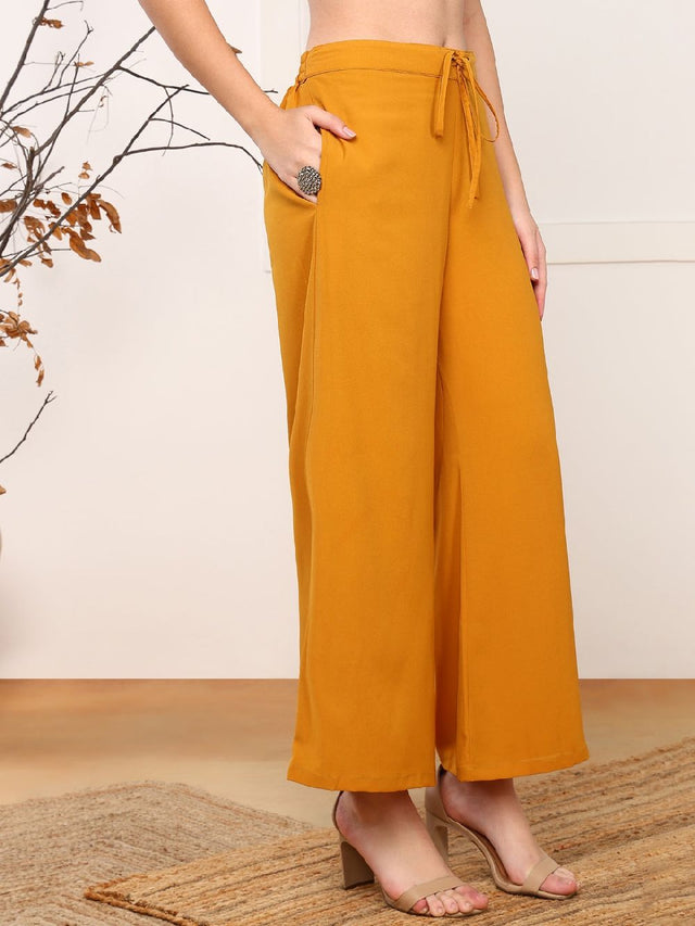 Mustard Georgette Solid Embroidered Straight Kurti Palazzo With Dupatta