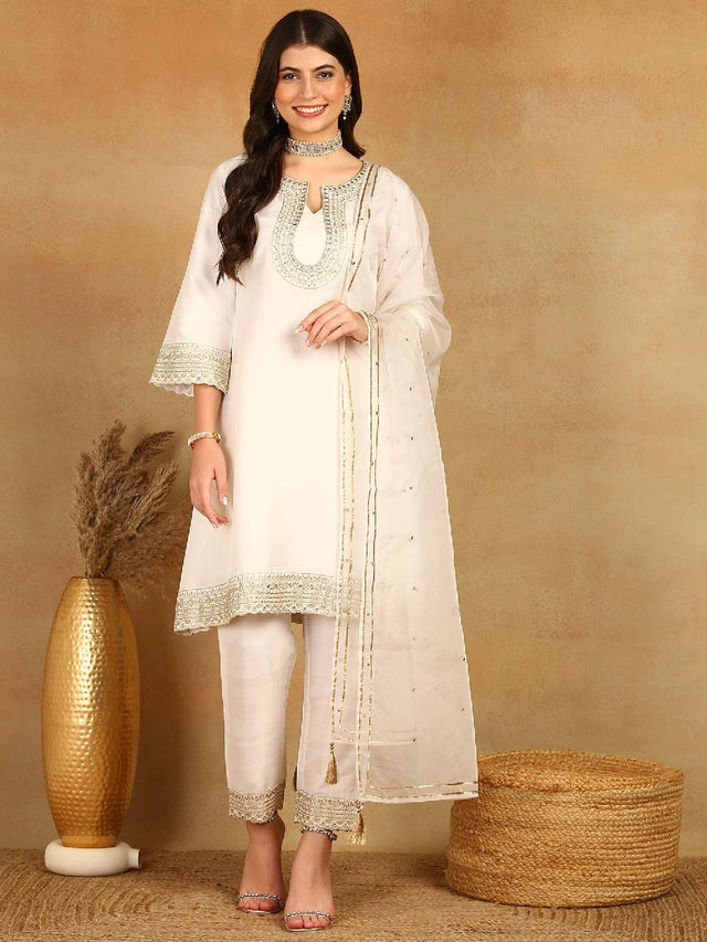 White Silk Blend Solid Embroidered A-Line Kurti Pant With Dupatta