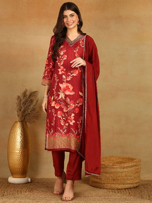 Maroon Rayon Blend Floral Printed Straight Kurti Pant With Dupatta