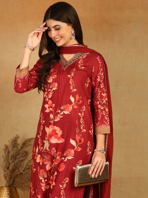 Maroon Rayon Blend Floral Printed Straight Kurti Pant With Dupatta