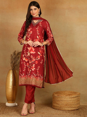 Maroon Rayon Blend Floral Printed Straight Kurti Pant With Dupatta