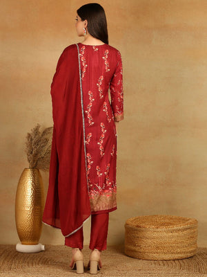 Maroon Rayon Blend Floral Printed Straight Kurti Pant With Dupatta